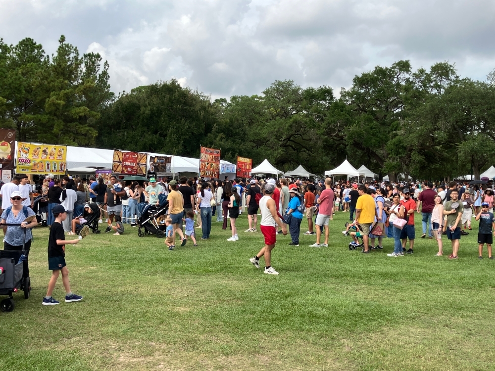 Photo of festival crowds lining up for food stalls on the grass